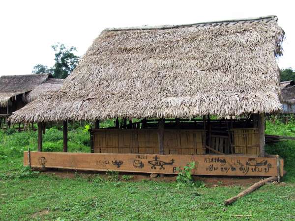 Helicopter graffiti on the old school building.